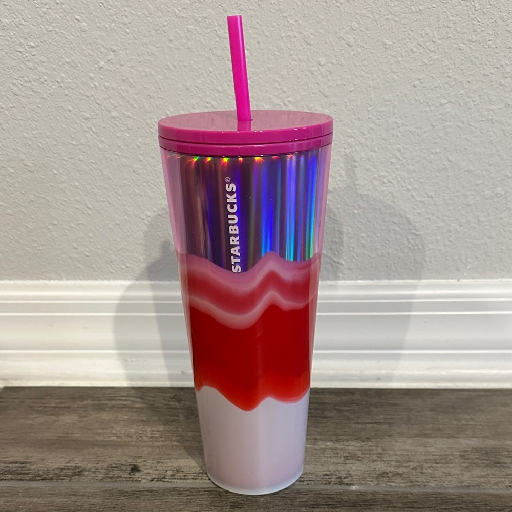 Starbucks Holographic Pink Lid Tumbler with Red & White Wave NWT